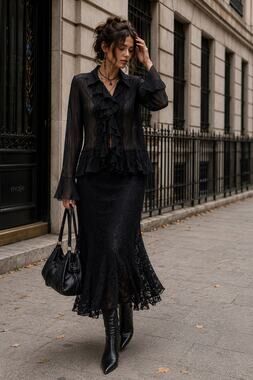Vtg Sheer Black Ruffle Top Bell Sleeve L Dark Romantic Gothic Victorian Vampire